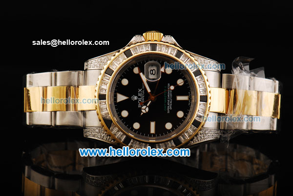 Rolex GMT Master II Swiss ETA 2836 Automatic Movement Diamond Bezel with White Markers and Two Tone Strap - Click Image to Close